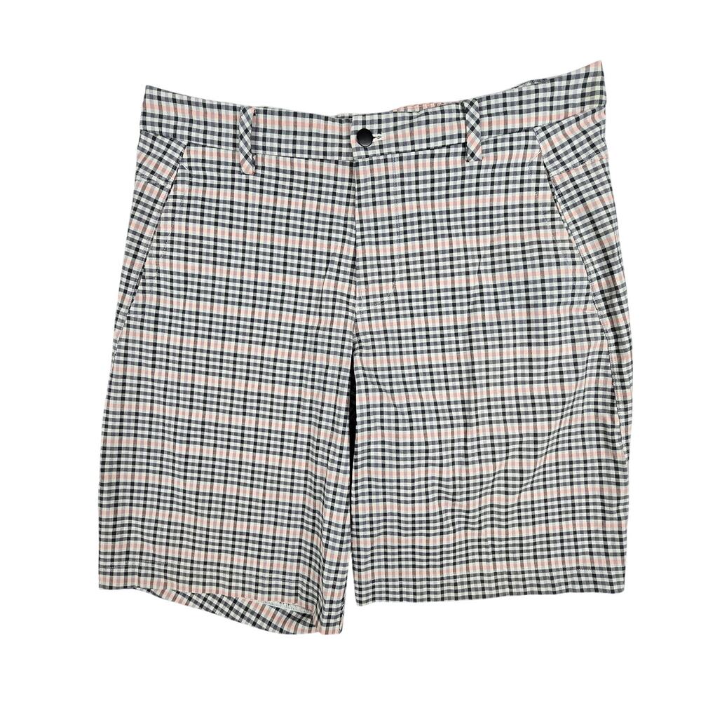 Lululemon Mens 38 Kahuna Black Pink White Plaid Chino Style Golf Shorts